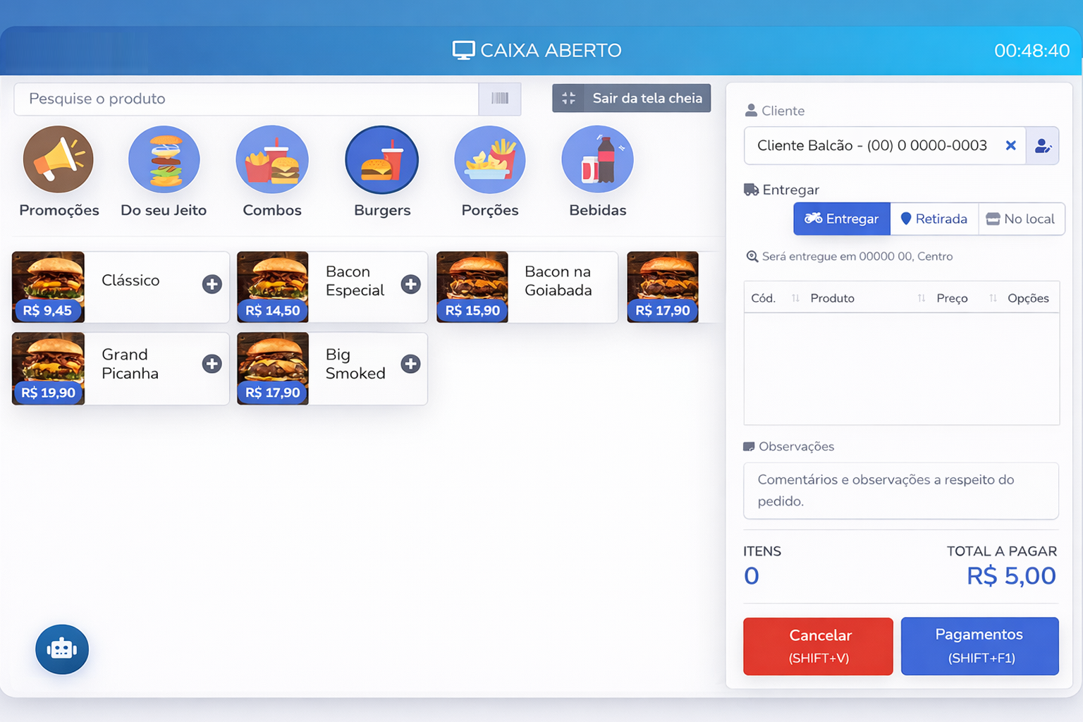 Tela de pedidos do sistema Gestor Food 